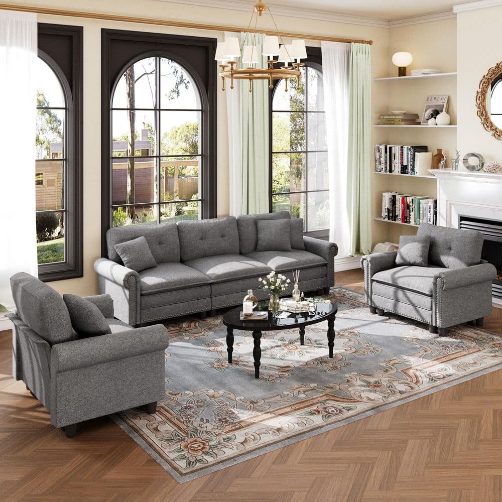 113.8 in. Roll Arm 5-Seat Linen-like Fabric Modular Sectional Sofa in Dark Gray with Throw Pillows