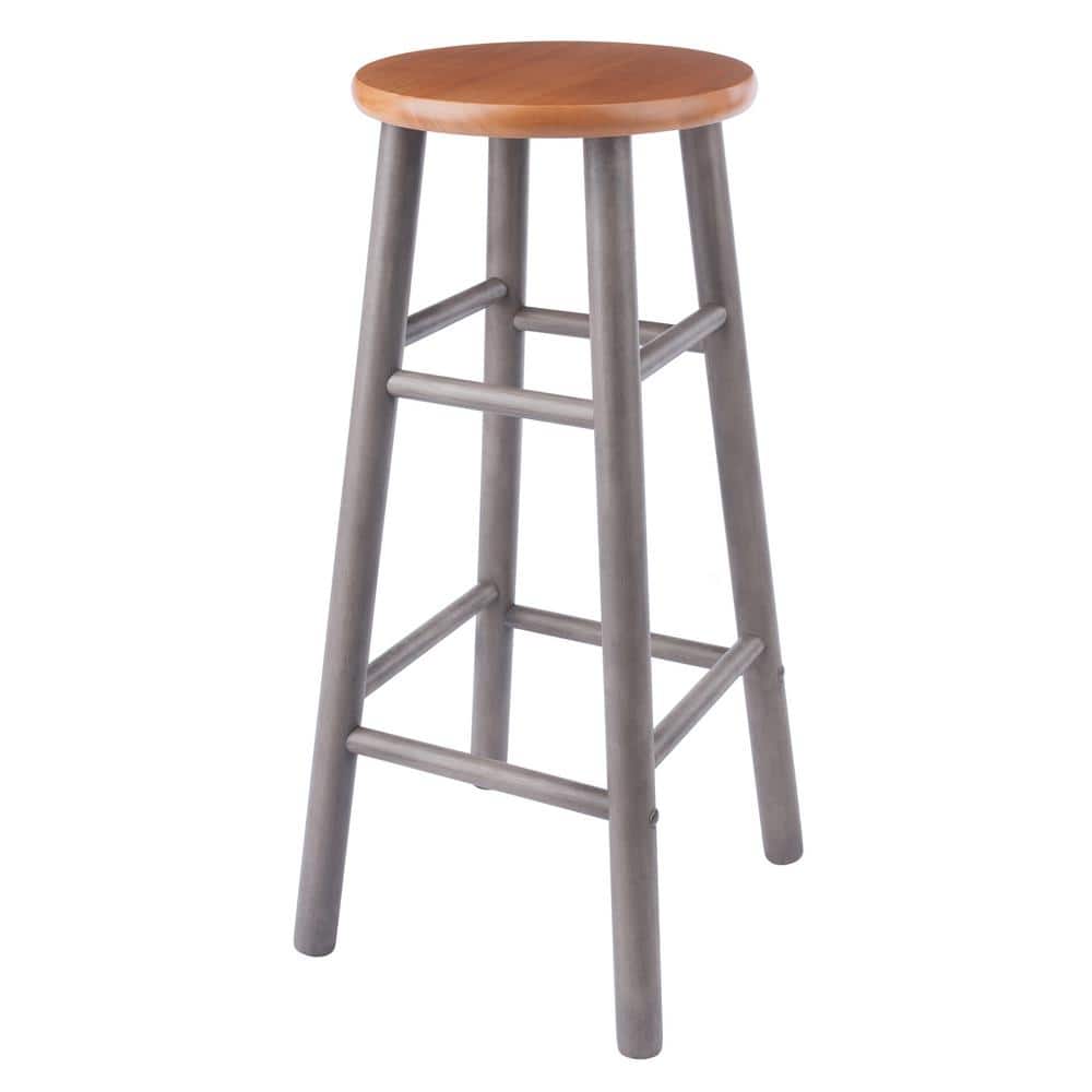 Transitional Gray and Teak Wood Backless Bar Stools, 29" Height