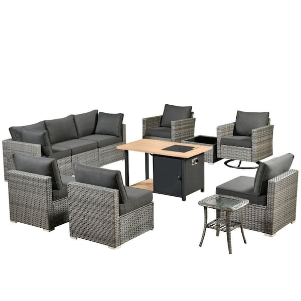 Sanibel Gray 11-Piece Wicker Outdoor Patio Conversation Sofa Sectional Set with a Storage Fire Pit and Black Cushions