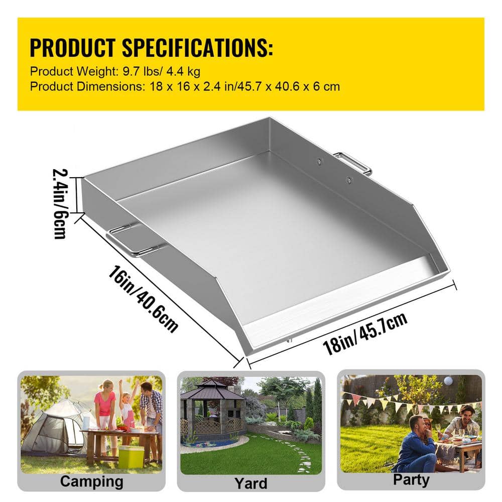 18" x 16" Silver Stainless Steel Flat Top Griddle with Handles