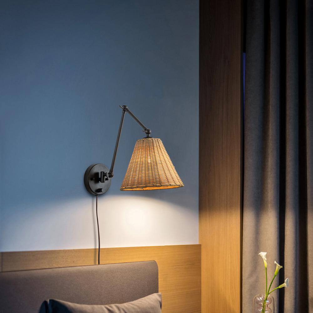 Adjustable Bronze Swing Arm Wall Lamp with Woven Rattan Shade