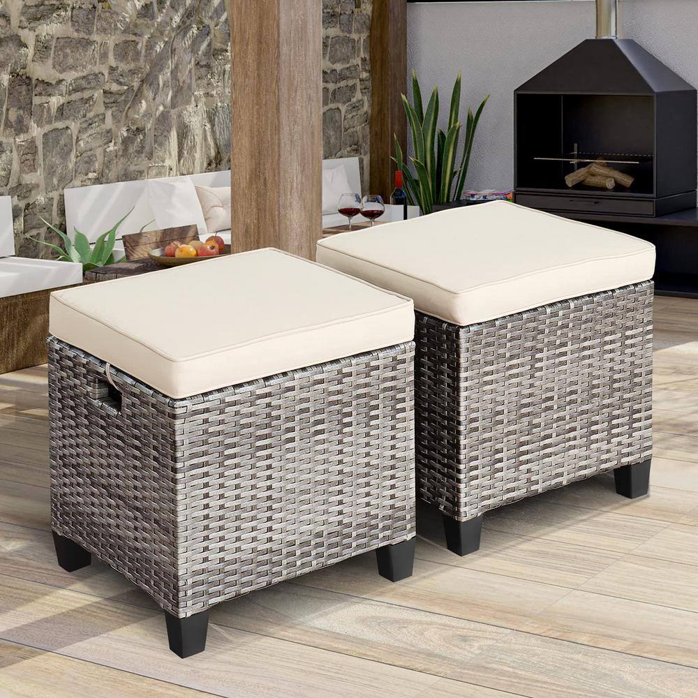 Mix Grey Wicker Outdoor Ottoman with White Cushion (2-Pack)