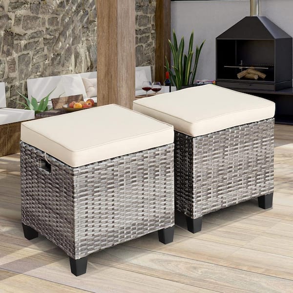 Unbranded Mix Grey Wicker Outdoor Ottoman with White Cushion (2-Pack)