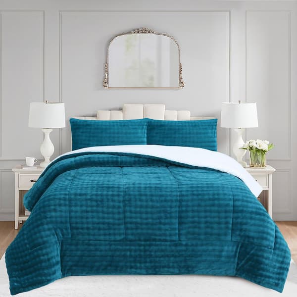 MarCielo ME544 Dark Teal Bubble King Size Polyester Flannel Sherpa Comforter Set