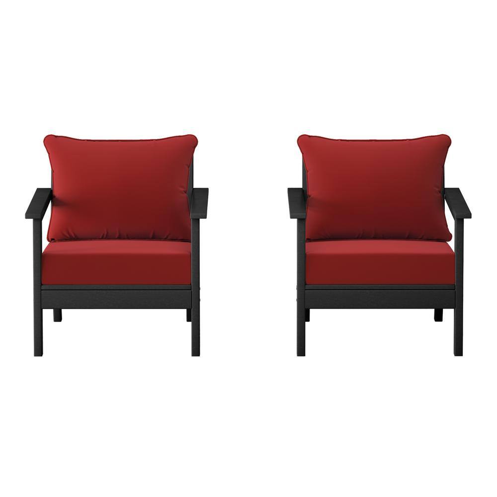 Birchwood Black Outdoor Patio (Set of 2) Deep Seating HDPE Lounge Chairs w/ Red Cushions price history on PriceWatchPro