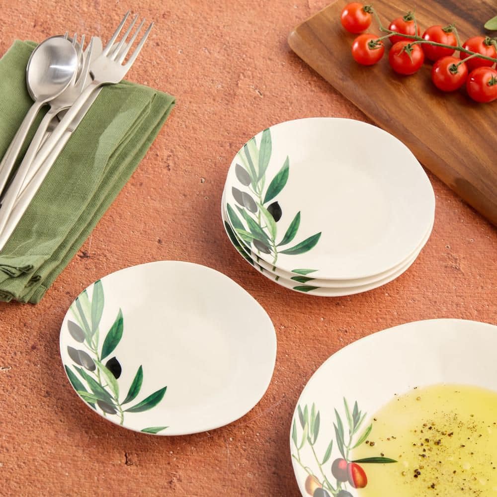 Olivia 6-Inch Ceramic Canapé Plates with Olive Branch Design, Set of 4