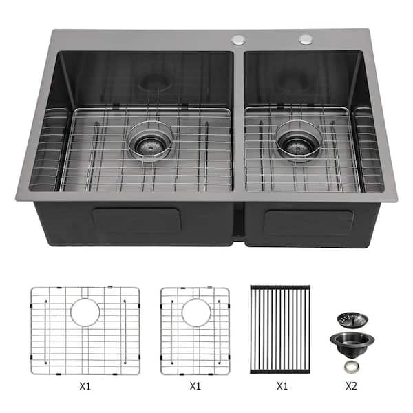 33 in. Drop-In Double Bowl 16 Gauge Gunmetal Black Stainless Steel Kitchen Sink with Soundproofing and Accessories