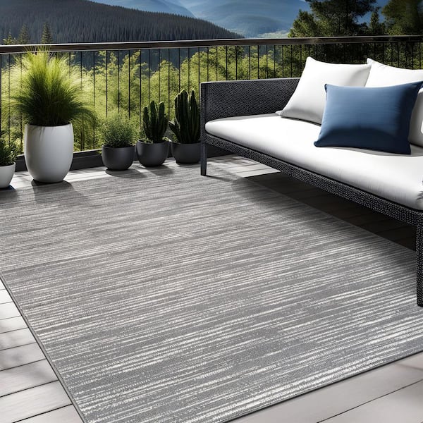 Linea Gray 8 ft. x 10 ft. Rubber Back Washable Modern Striped Indoor Outdoor Patio Area Rug