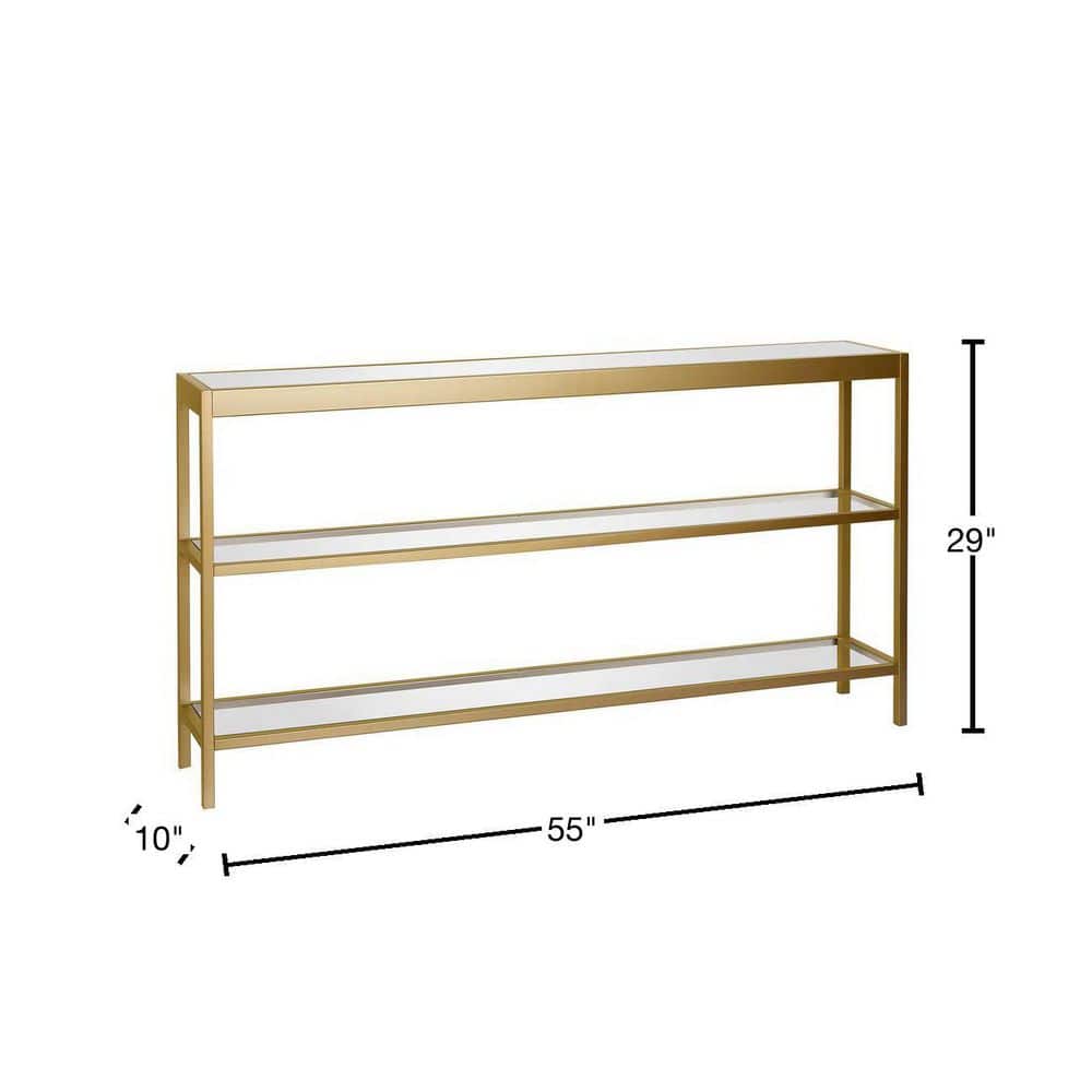 55-Inch Brass Metal and Glass Console Table with Storage