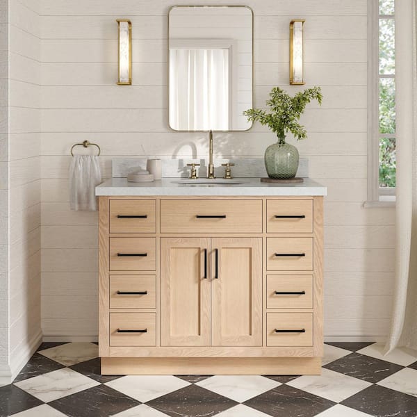 ARIEL Hepburn 42 in. Single Sink Freestanding Bathroom Vanity in Oak with Carrara White Marble Top