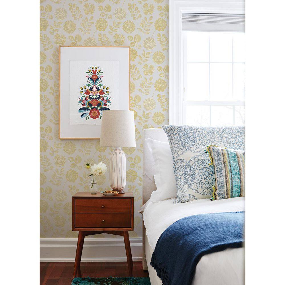 Inge Yellow and Gray Vinyl-Coated Botanical Wallpaper