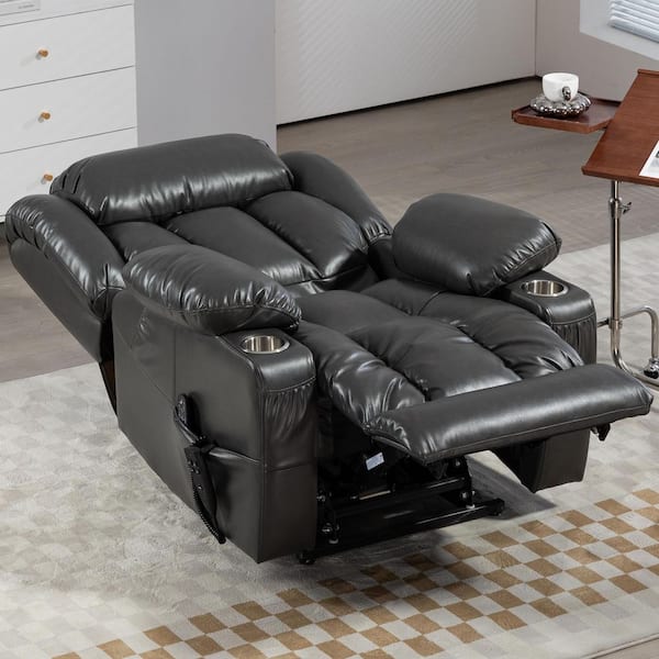 Dual Motor Leatheraire Power Lift Recliner Chair with Vibration Massage and Lumbar Heating, Cup Holders-Grey