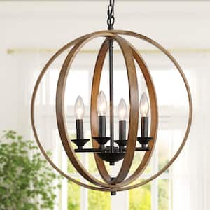 Modern Farmhouse 20 in. 4-Light Black Artisan Iron Orb Chandelier with Painted Pine Wood Accents Pendant Light
