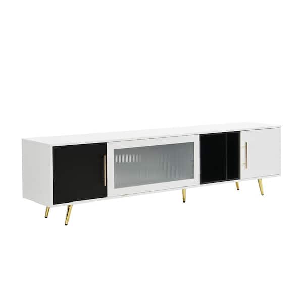 Nestfair 78.7 in. White TV Stand Fits TVs up to 80 in. with Fluted Glass Door TV Cabinet and Handles