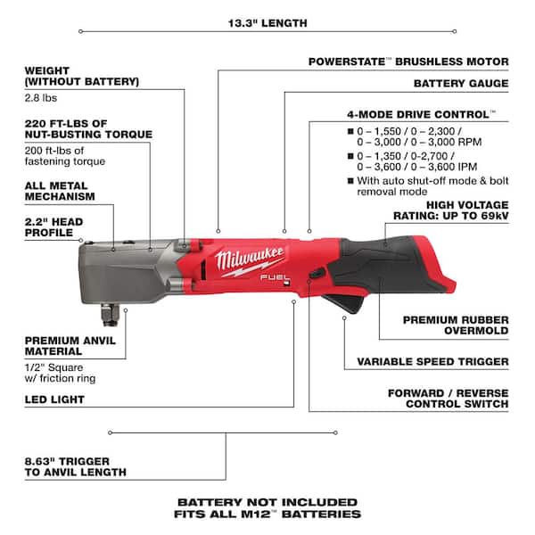 M12 FUEL 12V Lithium-Ion Brushless Cordless 1/2 in. Right Angle Impact Wrench With 3.0 Ah Battery Pack (2-Pack)