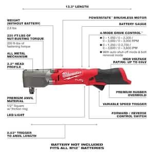 M12 FUEL 12V Lithium-Ion Brushless Cordless 1/2 in. Right Angle Impact Wrench (Tool-Only)
