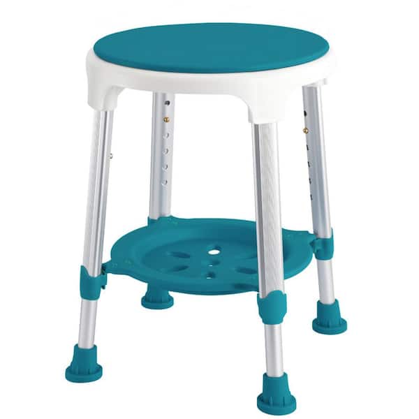 Aluminum Adjustable Height Bath Chair Stool with Shelf, 360° Swivel Shower Stool Seat for Bathroom in Dark Green