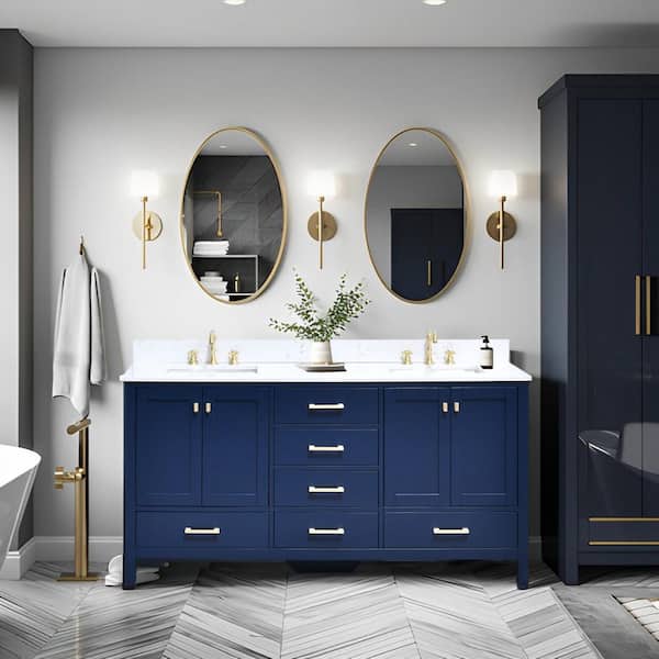 Enliven 72 in. Double Sink Freestanding Navy Blue Bath Vanity with White Engineered Stone Top
