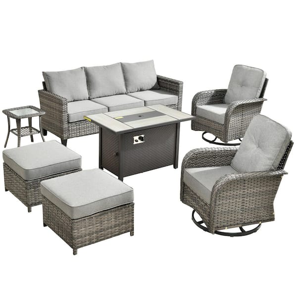 Elvira 7-Piece Wicker Patio Rectangular Fire Pit Set with Dark Gray Cushions and Swivel Rocking Chairs