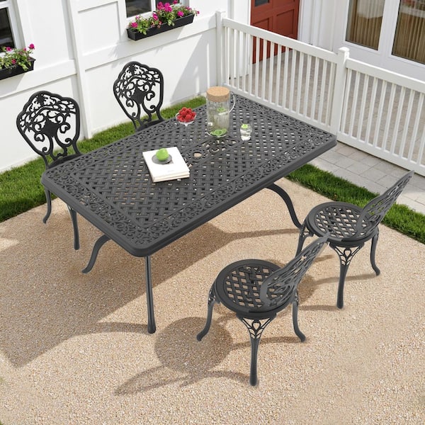 Black 5-Piece of Cast Aluminum Outdoor Patio Dining Set with 59.06 in. x 35.43 in. Rectangular Table and Armless Chairs