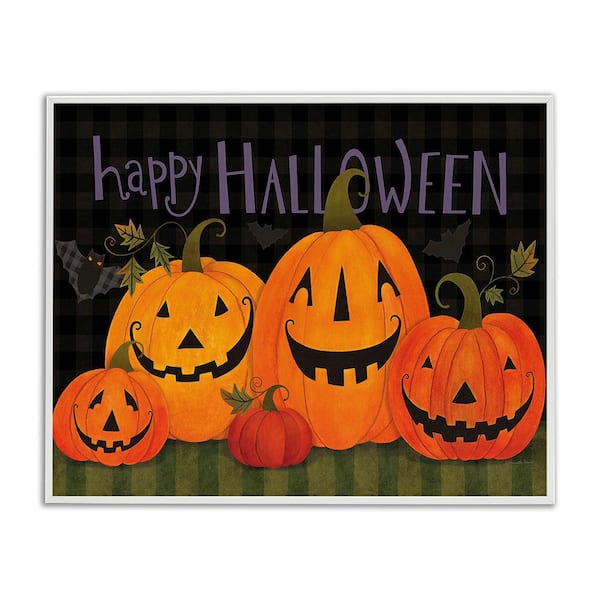 Stupell Industries Halloween Smiling Jack-o-Lanterns by Bernadette Deming 1-Piece Framed Graphic Print Typography Art Print 30 in. x 24 in.