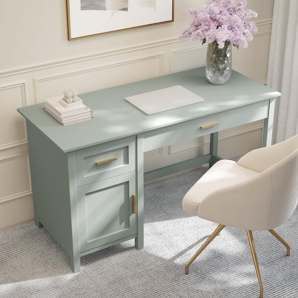 Hutton 54 in. Rectangle Sage Frame/Polished Brass Hardware Shaker Style Home Office 2-Drawer Desk with Storage