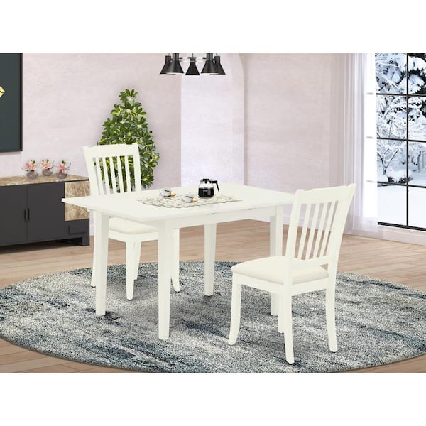 East West Furniture 3-Piece Linen White Finish Rectangular Solid Wood Top With Butterfly Leaf Dining Table Set