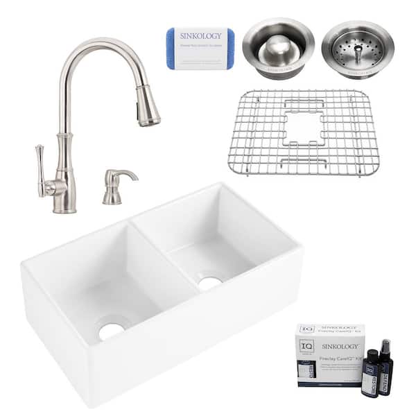 SINKOLOGY Brooks II All-in-One Farmhouse/Apron-Fireclay 33 in. 50/50 Double Bowl Kitchen Sink with Pfister Faucet and Drains