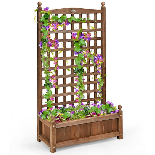 FORCLOVER Large 25 in. L Brown Firwood Planter Box with Trellis for Garden