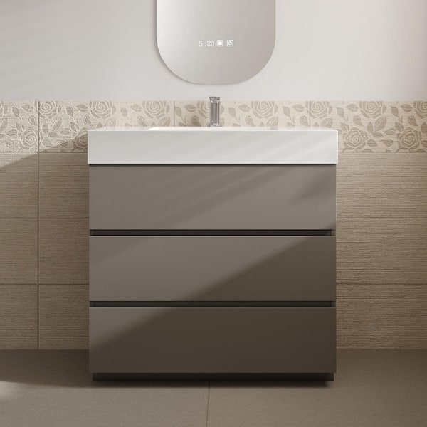 Aaby 36 in. W x 18 in. D x 37 in. H Bath Vanity Cabinet in Gray with White Solid Surface Top and Sink