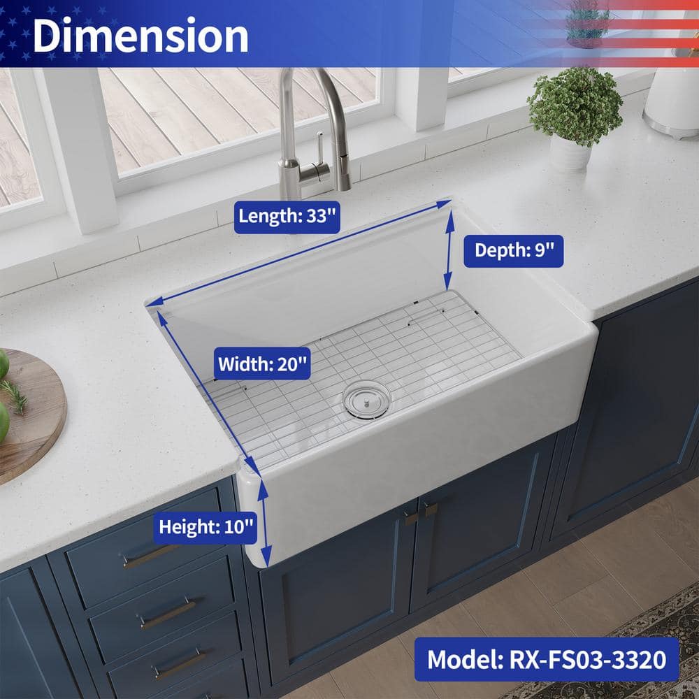 White Gloss Fireclay 33" Single Bowl Farmhouse Kitchen Sink