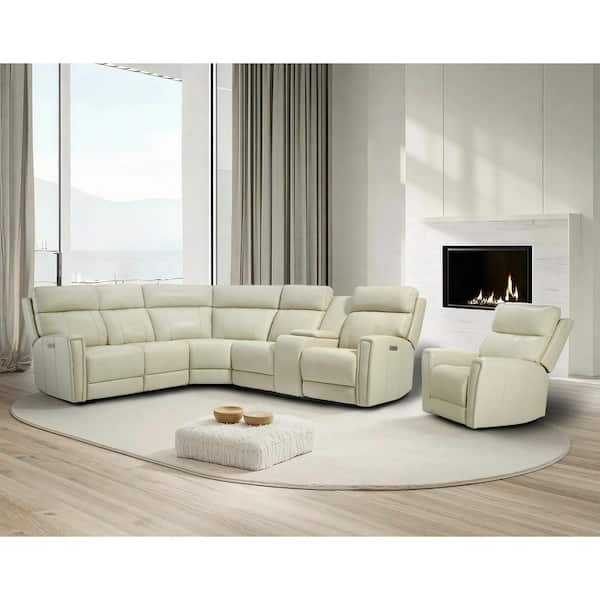 Ellesophas Nora 104 in. 6 Seaters Genuine Leather Dual Power Sectional Sofa Set with Console, 1 Power Armless Chair in Cream