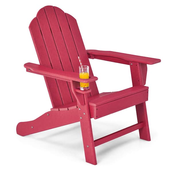 Costway Red Plastic Patio Adirondack Chair Weather-Resistant Garden Deck with Cup Holder