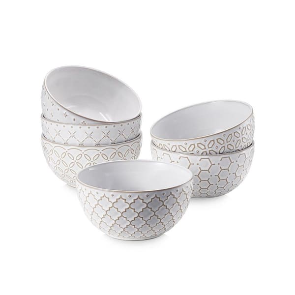 9 fl. oz. White Ceramic Cereal Bowls (Set of 6), 4.5 in. Ceramic Embossment Bowl, Dishwasher and Microwave Safe
