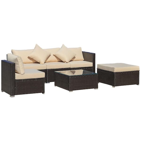 FORCLOVER 6-Piece Wicker Patio Conversation Set with Beige Cushions and Throw Pillows