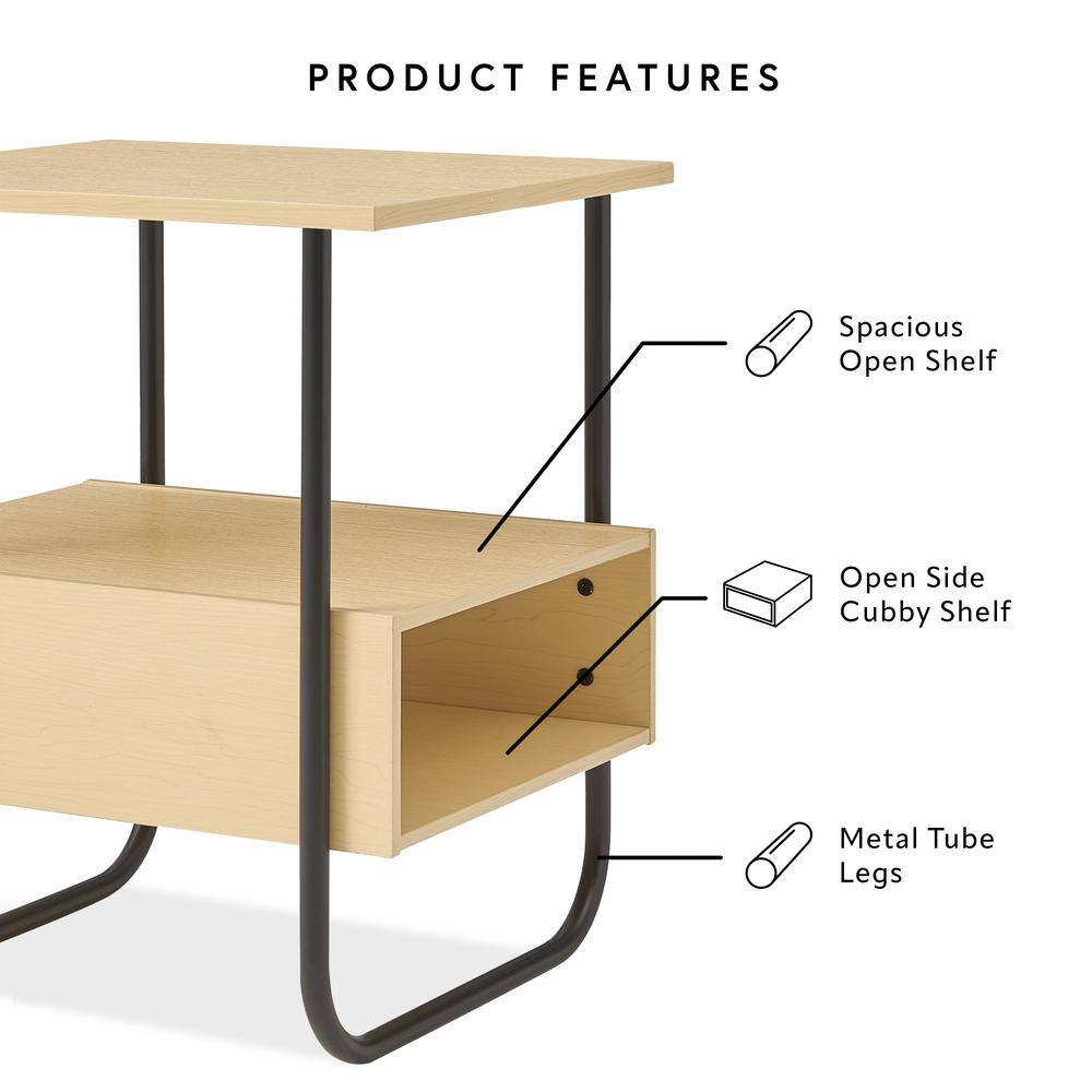 Light Maple and Black Metal Modern End Table with Open Shelf