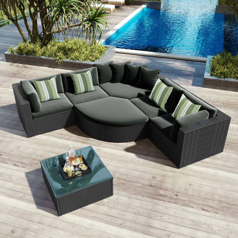 Black 7-Piece Wicker Outdoor Sectional Set with Dark Gray Cushions, Ottoman and Coffee Table for Patio Poolside Garden