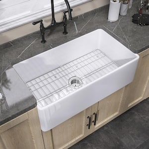 36 in. Rectangular Apron Front Farmhouse Sink Single Bowl White Fireclay Undermount Sink with Bottom Grid and Strainer