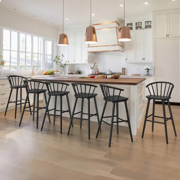 LUE BONA Winson Windsor 30 in. Black Solid Wood Bar Stool for Kitchen Island Counter Stool with Spindle Back Set of 6