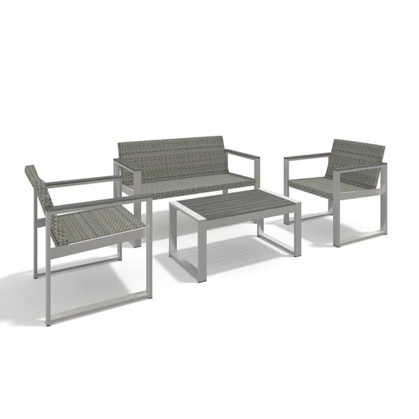 Unbranded 4-Piece Aluminum Patio Conversation Set with Gray Cushion, Outdoor Rattan Modern Sofa Seating Group for Patio Garden