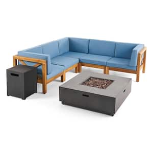 Culatra Teak Brown 7-Piece Wood Patio Fire Pit Sectional Seating Set with Blue Cushions