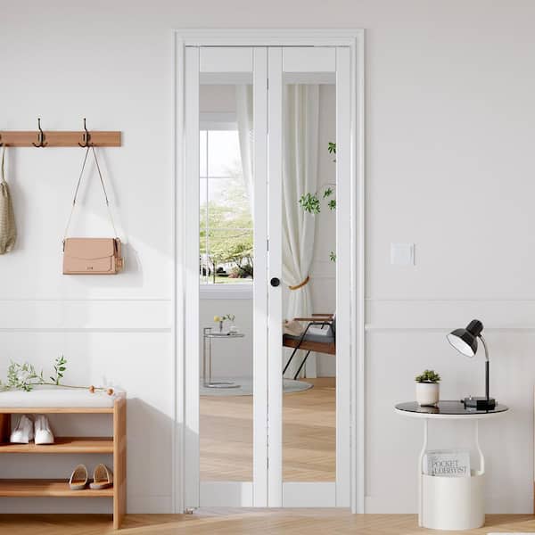 32 in. x 80 in. 1-Lite Mirrored Glass Solid Core White Finished MDF Wood Bi-Fold Door with Hardware Kit