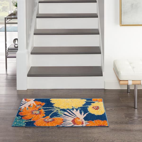 Allur Navy Multicolor doormat 2 ft. x 3 ft. Botanical Contemporary Kitchen Rug