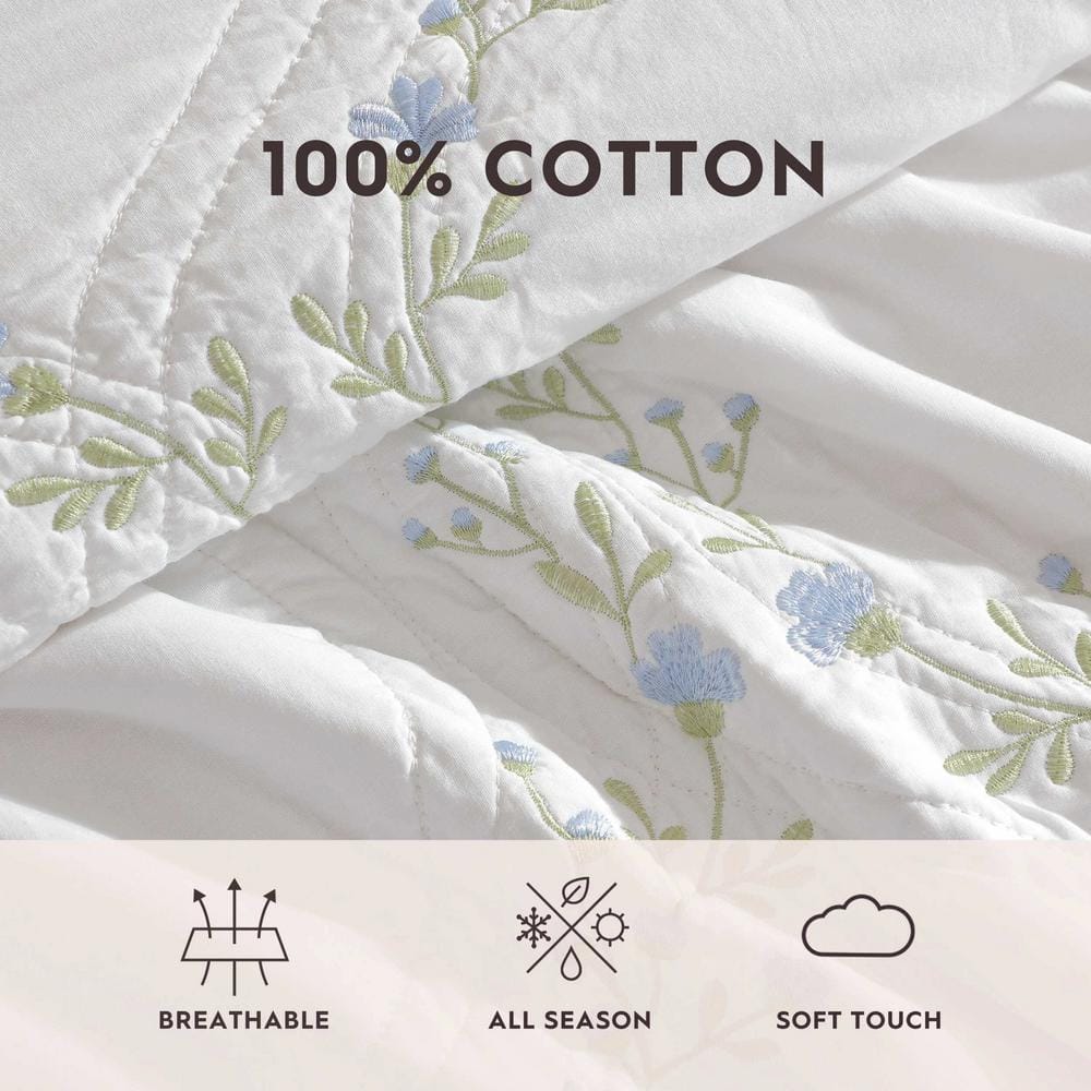 Blue Floral Embroidered Cotton Twin Quilt Set