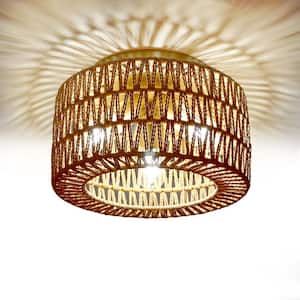 11.8 in. 3-Light Gold Rattan Flush Mount Ceiling Light with Hand-Woven Cage Shaded for Hallway Bedroom