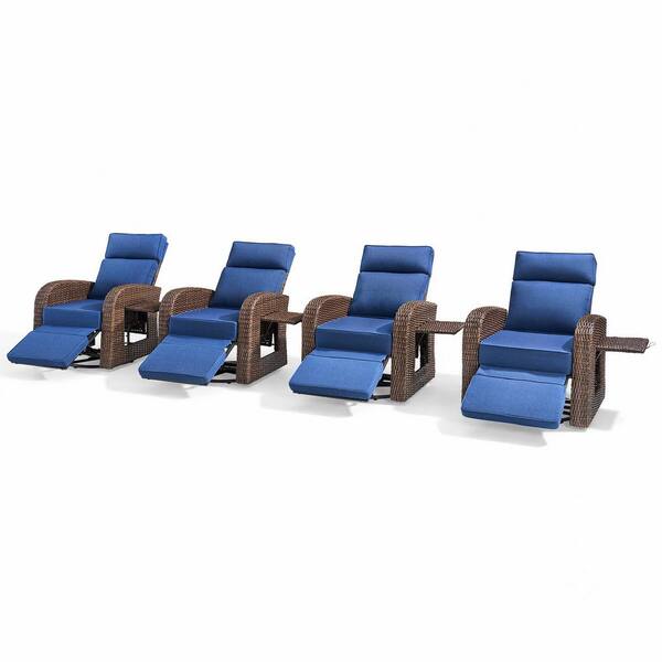 4-Piece PE Rattan Wicker Swivel Outdoor Recliner Lounge Chair Adjustable Backrest with Blue Cushions