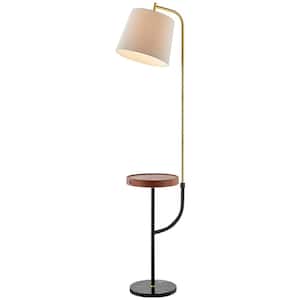 New York 67 in. H Black/Gold/Wood Tray Modern Arc Floor Lamp with USB Port and Oatmeal Drum Shade, Marble Base