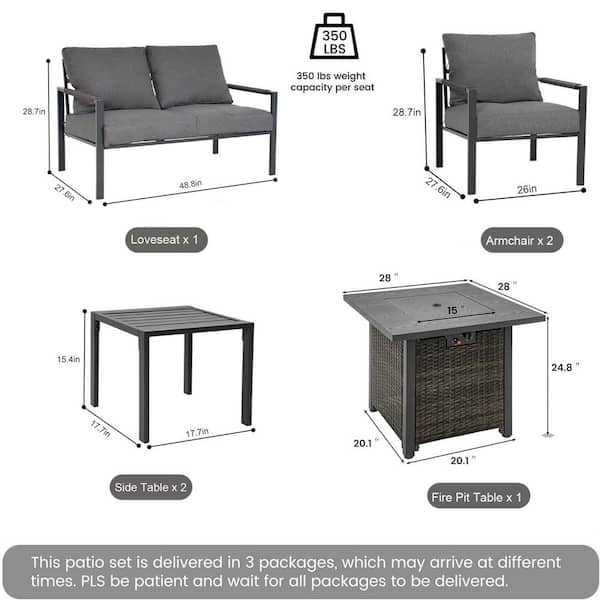 6-Piece Metal Fire Pit Patio Conversation Set Outdoor Furniture Set with 28 in. Square Propane Fire Pit Table, Gray
