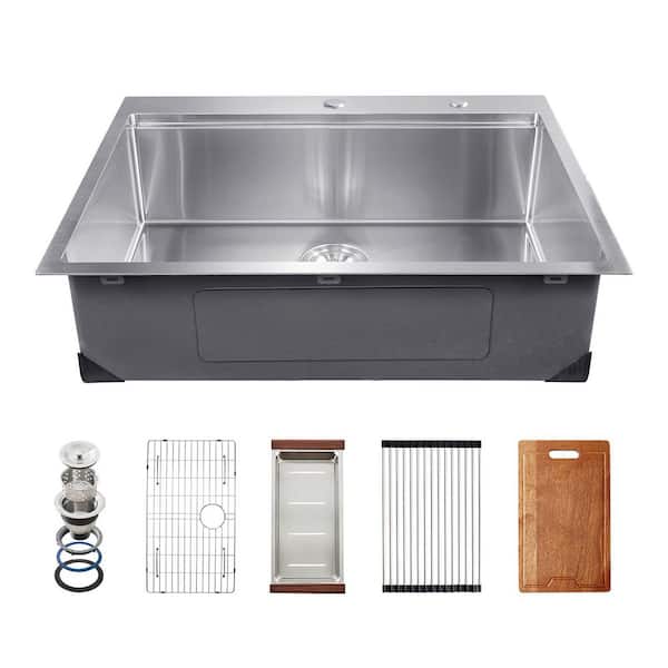 30 x 22 in. Kitchen Sink Workstation, 304 Stainless Steel Drop-In Triple Bowl Farmhouse Basin with Ledge and Accessories