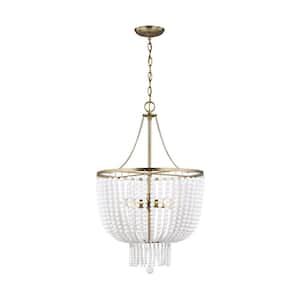 Jackie 4-Light Satin Brass Hanging Chandelier With White Glass Beads